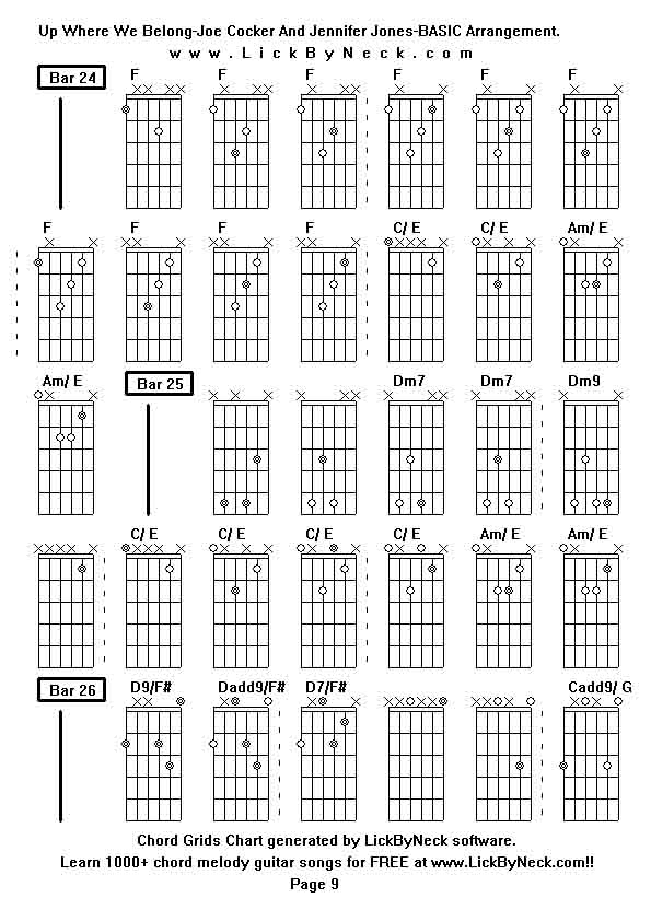 Chord Grids Chart of chord melody fingerstyle guitar song-Up Where We Belong-Joe Cocker And Jennifer Jones-BASIC Arrangement,generated by LickByNeck software.